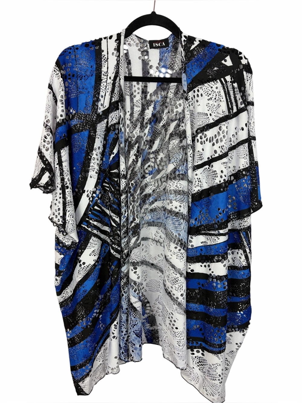 ISCA Blue Black White Abstract Mesh Open Front Cardigan Cover Up One Size